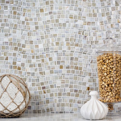 Agate Glass Tile Rio Pattern in Cortona Pearl with Decorative Objects